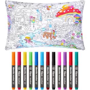 Mindsoft Coloring Pillowcase with 12 Pcs Markers Color Your Own Pillowcase Kit for Coloring Craft Decoration Supplies, 28.7 x 19.7 Inch (Mushroom Elf)
