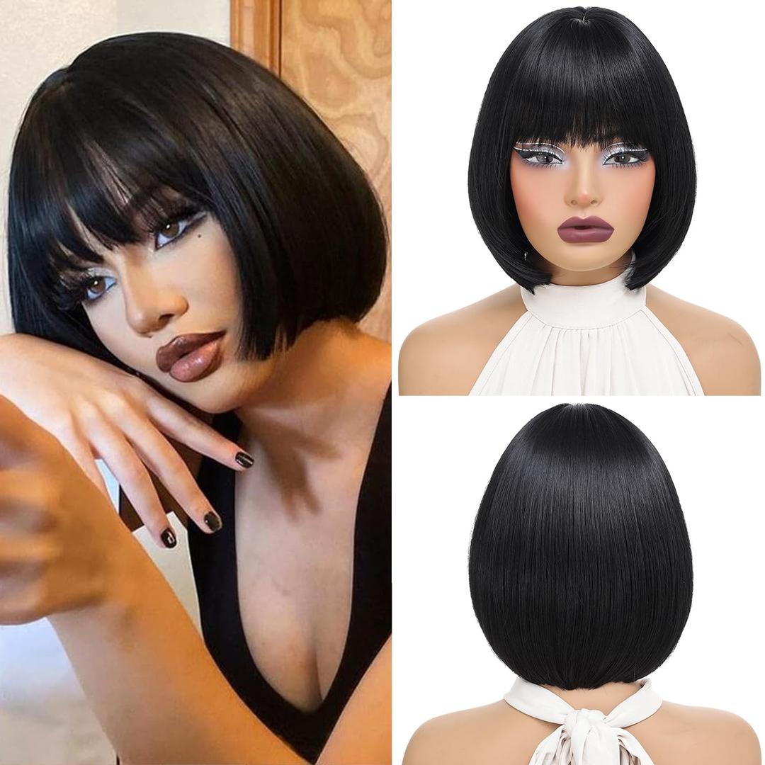 10 Inch Short Bob Wig with Bangs Synthetic Black Bob Wig for Women Natural Looking Heat Resistant Wig for Daily Party Cosplay