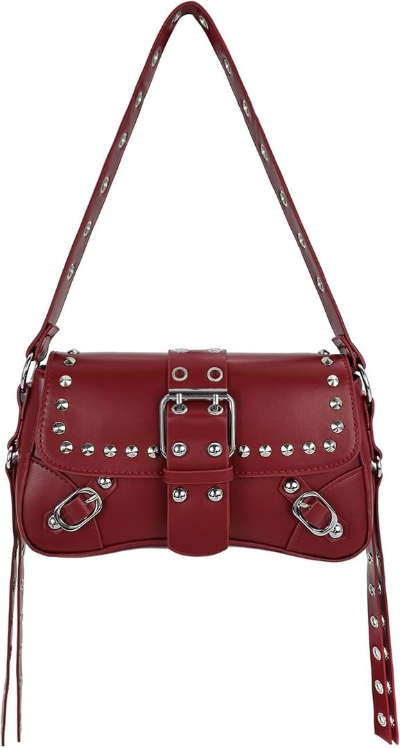 Women Studded Rivet Punk Shoulder Bags Y2K Trendy Purse PU Leather Hobo Bag Small Clutch Cute Purse (9.1 x 5.1 x 2.4 in)