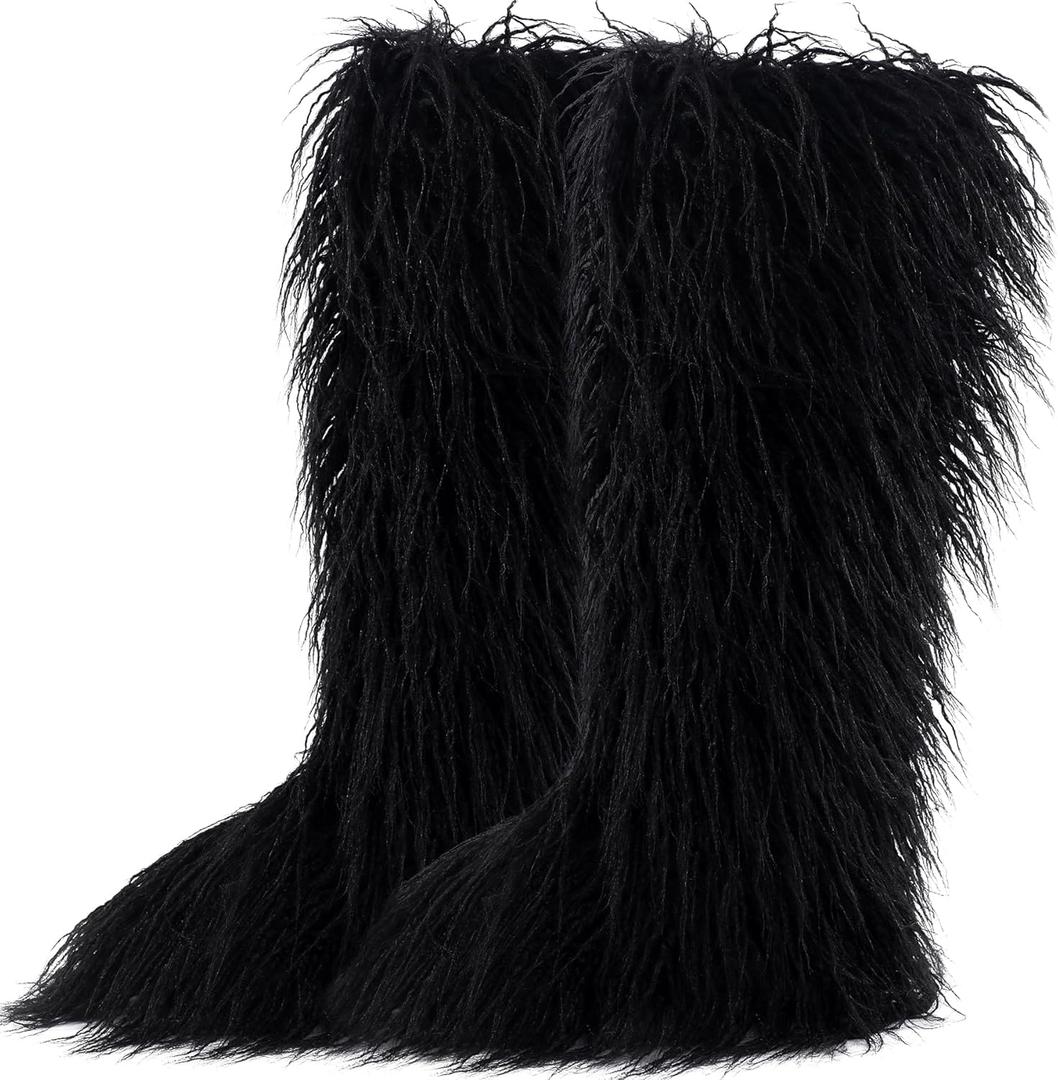 Valpeak Faux Fur Tall Furry Boots for Womens,Long Winter Boots for Girls,Mongolian Fluffy Boots for Kids Fuzzy Knee-High Boots (9 Wide, Black-2)