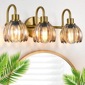 Bathroom Light Fixtures, 3-Light Brushed Gold Vanity Light Over Mirror, Modern Wall Sconces 20" with Tulip Glass Shade, Bathroom Wall Lights for Mirror Kitchen Bedroom Hallway (Amber)