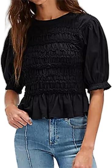 Tankaneo Women's Summer Smocked 2 Piece Short Sets Cap Sleeve Baby doll Peplum Blouse Casual Matching Set Vacation Outfits XX-Large