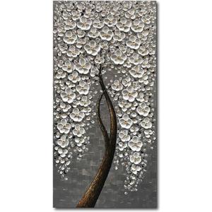 Epicler 100% Hand-Painted Flower Tree Mural, 3D Vertical Abstract Oil Painting, White Flower Art Wall Decoration, 24x48 inch Living Room, Bedroom, Dining Room Mural