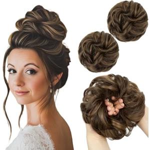 SARLA 2PCS Messy Hair Bun Hair Pieces Wavy Curly Synthetic Updo Fake Scrunchies Ponytail Extension for Women Coffee Brown SARLA 2PCS Messy Hair Bun Hair Pieces Wavy Curly Synthetic Updo Fake Scrunchies Ponytail Extension for Women Coffee Brown