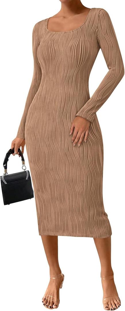 PRETTYGARDEN Womens Spring Dresses 2026 Long Sleeve Square Neck Knit Midi Beach Vacation Clothes Slit Bodycon Long Dress Small