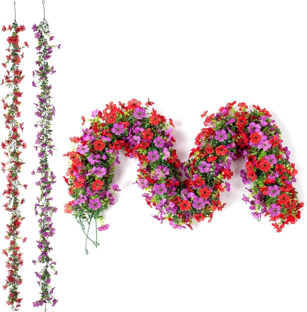 Artificial Flowers Garland Ivy, 4 Pack 5.9 FT Spring Summer Decorations UV Resistant Fake Daisy Floral Vine Silk Hanging Flower for Home Garden Wedding Decor Photo Booth Backdrop(Red Purple)