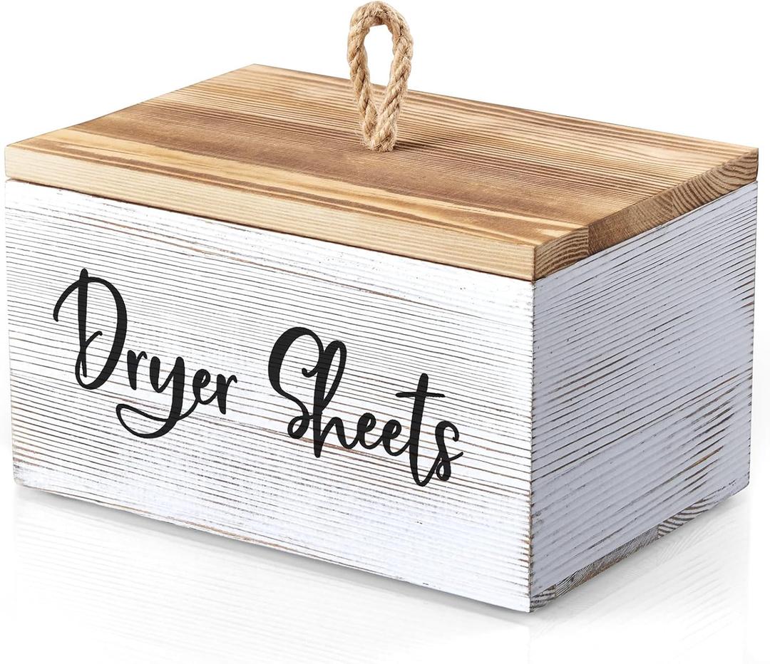 Dryer Sheet Holder, White Washed Wood Laundry Sheets Container, Laundry Room Organization and Storage for Farmhouse Laundry Room Decor and Accessories, Fabric Sheet Holder