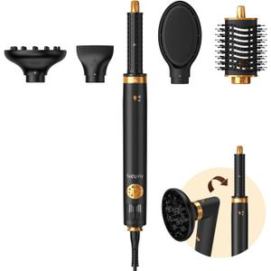 Air Styler 5 in 1, Hair Dryer Brush & Multi-Styler with 110,000 RPM High-Speed Powerful Motor, Auto-Wrap Curler, Cushion Massager, Oval Brush, Diffuser, Nozzle Attachment (Premium Black)