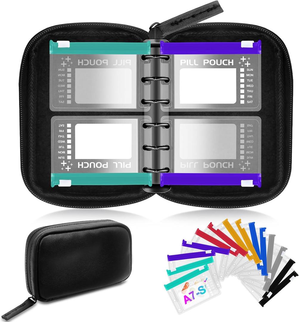 Timueetech A7 Waterproof Pill Organizer with 14 S Zippered Pill Pouches for A7 Binder, Small BPA-Free Weekly Medicine Organizer, Color-Coded Reusable Travel Pill Storage System