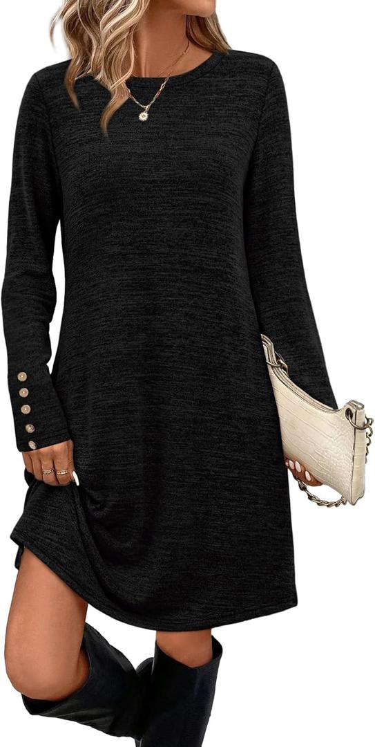 OFEEFAN Long Sleeve Dress for Women Crew Neck Tunic Dress with Pockets Decorative Buttons (Small, Black)