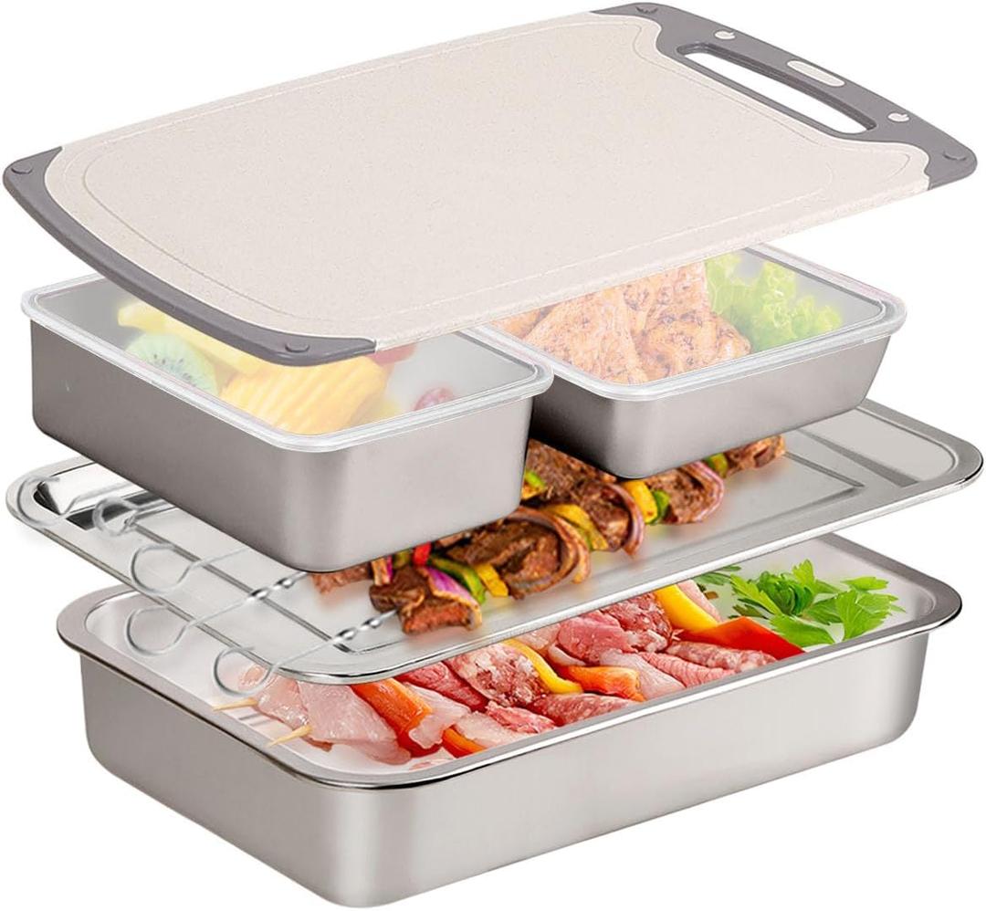 Grill Prep Trays Set Of 5, BBQ Tray, Grilling Prep And Serve Trays, Stainless Steel Grill Platter, Include Deep Grilling Platter, Shallow BBQ Serving Tray, 2 Marinade Container With Lids, Cutting Board