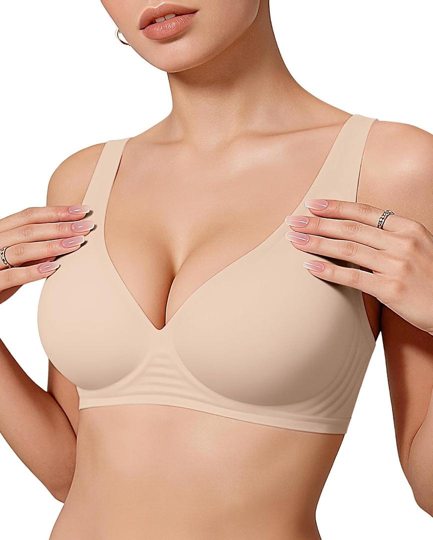 OEAK Womens Deep V Bras Wireless Comfortable Bra Supportive No Underwire Bras Tshirt Push Up Bralettes Plunge Seamless Bra Skin Color XL
