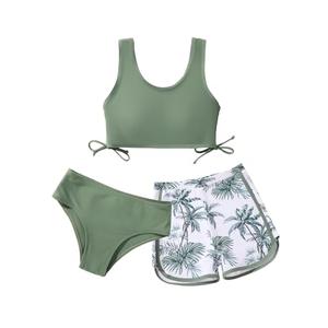 Girl's 3 Piece Bikini Bathing Suit Printed Sport Swimsuits with Shorts Cove Up Sets Teen Girl's Swimwear 10 Y