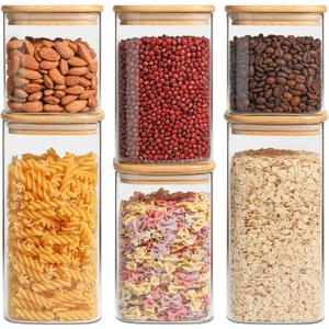 ComSaf Airtight Glass Storage Canister with Lids (0.7Qt/1.2Qt/1.6Qt) Set of 6, Food Storage Container Kitchen Pantry Storage Jar, Glass Jars for Flour Cereal Sugar Tea Coffee Beans Snacks, Square