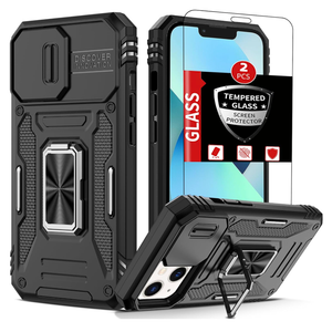 for iPhone 14 Case & iPhone 13 Case with 2 Glass Screen Protector,iPhone 13 Kickstand Case with Slide Camera Cover & 360°Ring Stand Magnetic Shockproof Phone Case for iPhone 14&13 Case Black