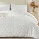 VACVELT 5PCS Boho Duvet Cover Queen Size, White Tufted Duvet Cover with Zipper & Ties, No Comforter, Shabby Chic Textured Bedding for Farmhouse Country, Breathable & Soft Microfiber