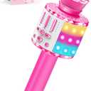 Karaoke Microphone Toys for Kids, Wireless Bluetooth Mic with Lights & Speaker, Portable Home KTV Player System, Perfect Birthday Party for 3-12 Year Old Boys & Girls (Pink)