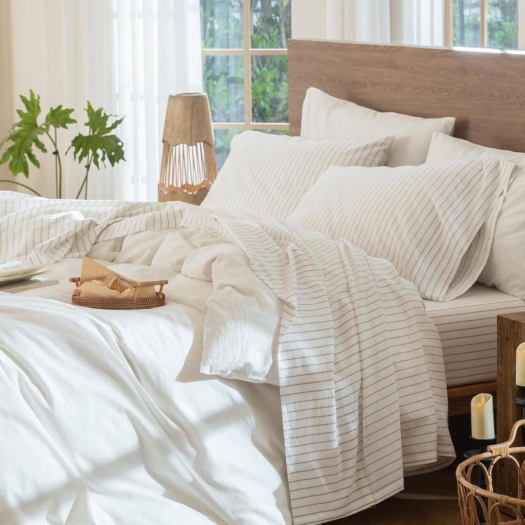MooMee Striped Sheet Set 100% Washed Cotton Linen Like Textured Breathable Durable Soft Comfy (White Tannish Linen Grey Wide Stripes, Queen)