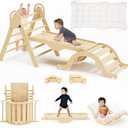 Pikler Triangle Set with Cushion, Indoor Climbing Toys, Montessori Climbing Set, Climbing Toys for Toddlers 1-3 Inside, 9 Combinations Indoor Playground Jungle Gyms (Nature & 2Car & Mat)