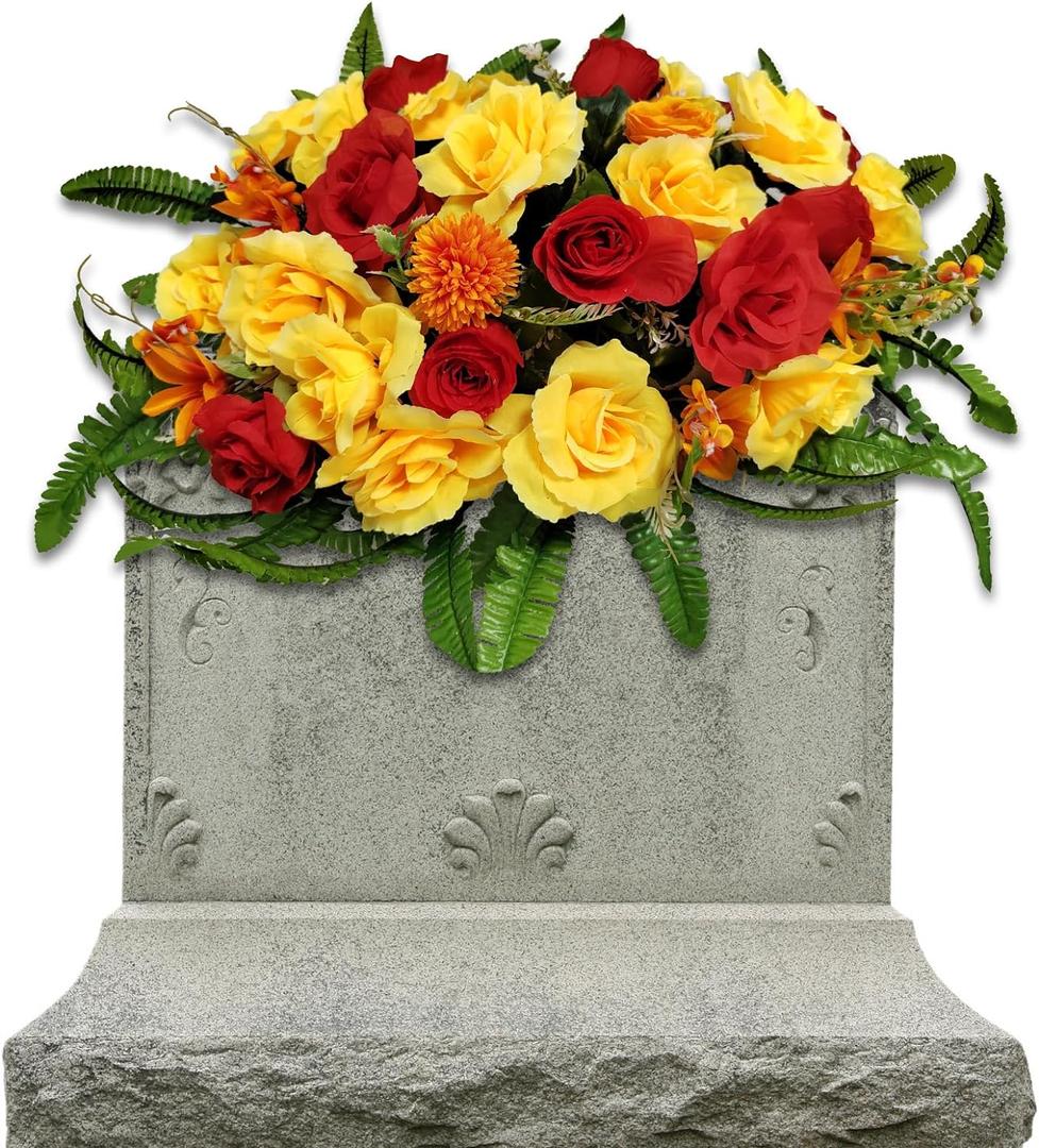 Headstone Flower Saddle, Artificial Cemetery Flowers for Grave-Realistic Red & Yellow Rose Mix Arrangement for Outdoor Memorial Decorations, Durable & Easy Fit