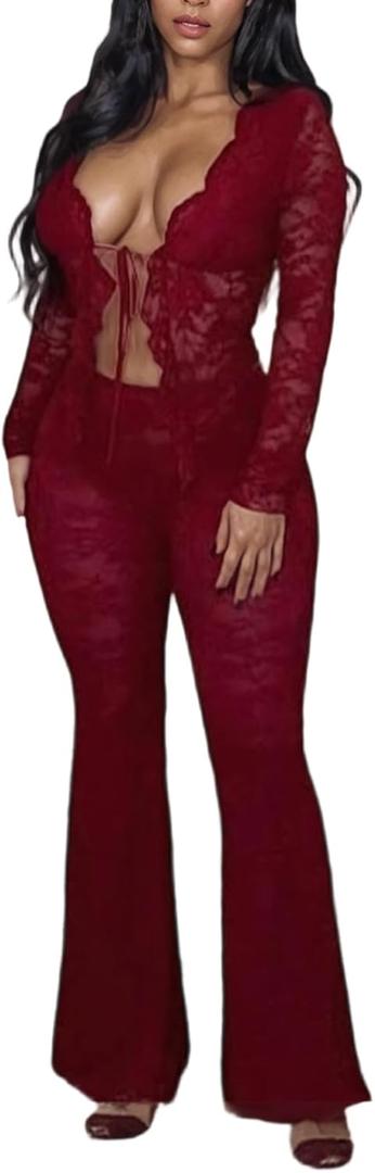 Women's Sexy Lace 2 Piece Set Tie Front Ruffle Mesh Crop Top Skinny Flare Pants Sets Going Out Club Outfits (Large, 01red)