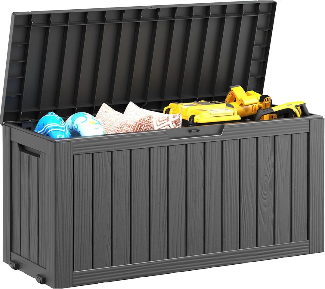 NUNU LAB 75 Gallon Outdoor Storage Box,Large Resin Sturdy Deck Box, Backyard Outside Storage Box Waterproof with Double Wall Panels,Package Delivery Garden Hose Storage Bin Outdoor Tool (Black)