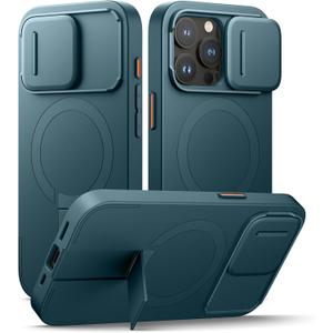 SURITCH for iPhone 15 Pro Case with Magnetic Camera Slide Cover and Adjustable Kickstand, Compatible with MagSafe, Shockproof Bumper Case Slim Protective Cover 6.1 Inch, Lake Green