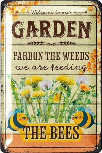 LANOLU Vintage Tin Signs - BEES Farmhouse Metal Sign, Funny Outdoor Decorative Plaque for Porch Patio, 12x8,Set of 2