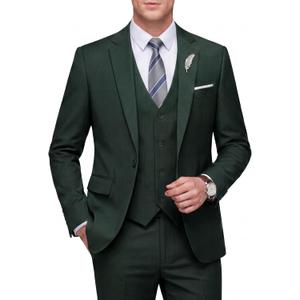 WULFUL Men's Slim Fit 3 Piece Suit, One Button Solid Blazer Business Party Jacket Vest Pants Set (XX-Large, Dark Green)