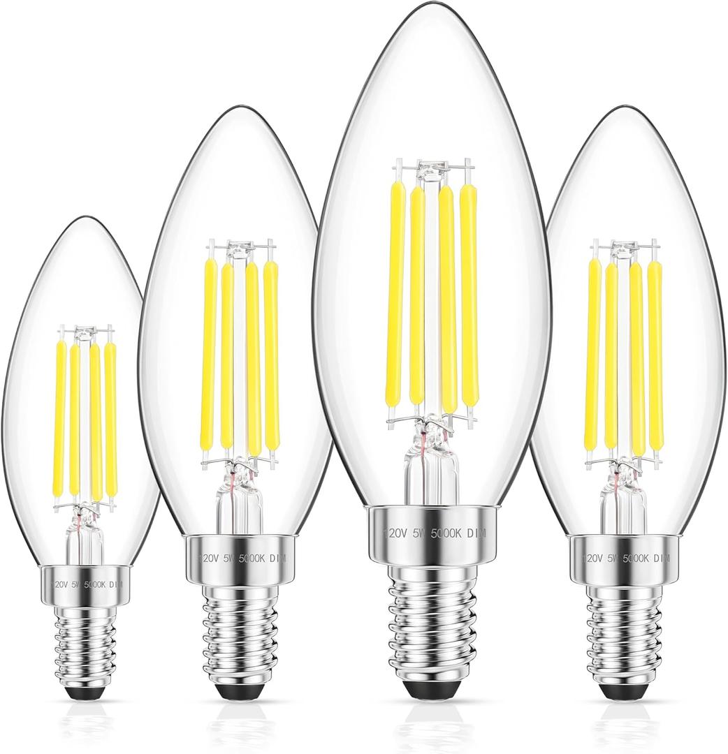 GGOYING E12 Candelabra LED Bulb 60W Equivalent, 600LM Dimmable Chandelier Light Bulbs, 5000K Daylight White, 85+ CRI Candle Base Clear Filament Bulbs, 4-Pack