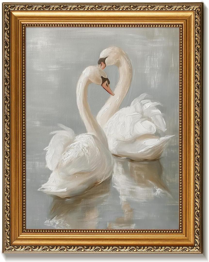 Vodefoad Vintage Gold Framed Wall Art Prints Decor Classical Swan Canvas Oil Painting Poster Pastel Watercolor Swan Vintage Art Pictures Removable Gold Frame Farmhouse Style Wall Decor for Nursery Bedroom Bathroom Office - 12x16Inch