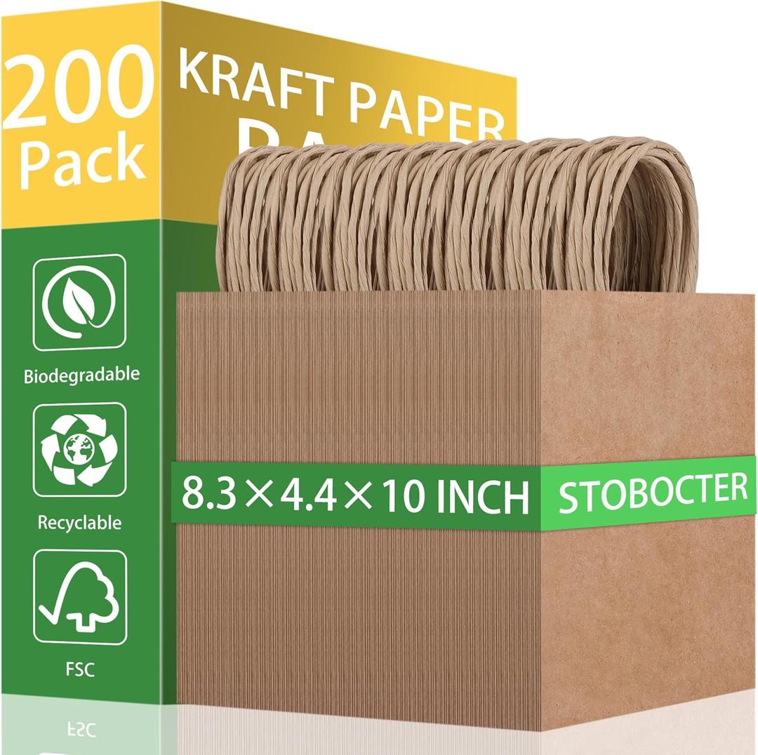 STOBOCTER 200 Pack 8.3x4.4x10 Inch Brown Paper Bags with Handles Bulk, Medium Kraft Paper Gift Bags for Birthday Party Favors Shopping Grocery Retail Business Goody Craft Blank Sacks(Plain Natural)