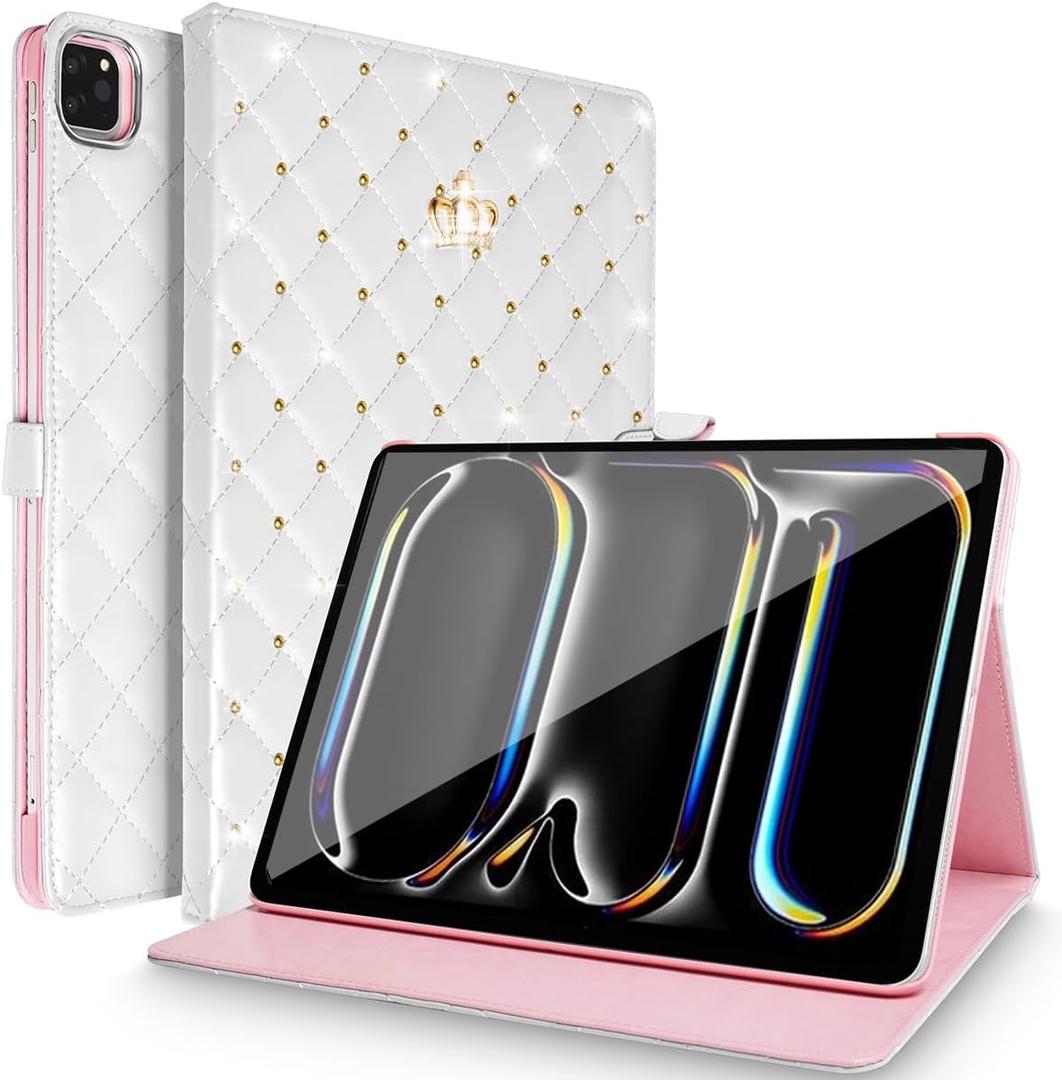 for iPad Pro 11Inch Case M5/M4 2025/2024 (6th/5th Generation),Cute Crown Bling Rhinestone Girly Elegant PU Leather Smart Auto Sleep/Wake Stand Protective Case for iPad Pro 11 2024/2025,White