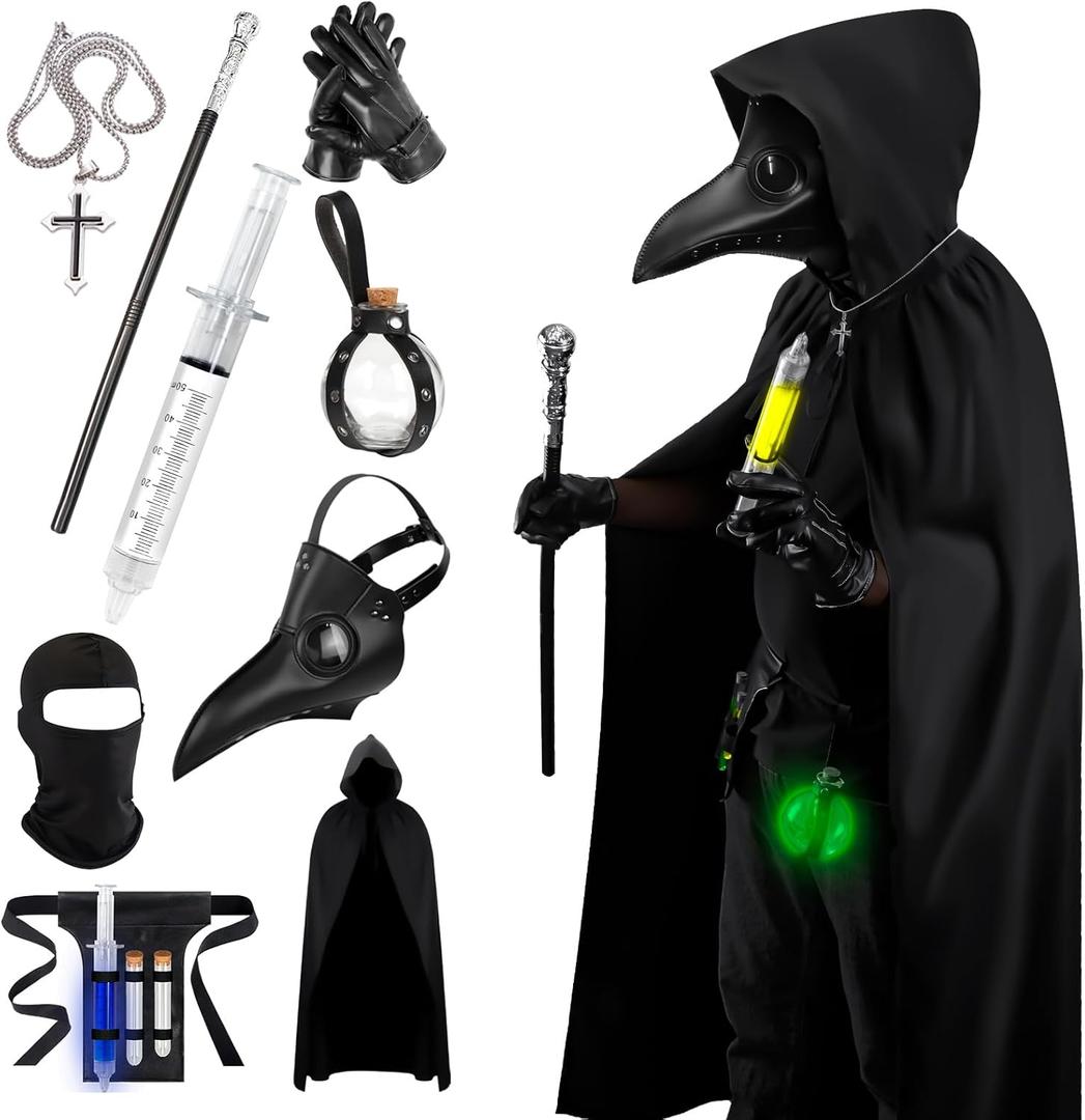 Mens Halloween Costumes Adult Plague Doctor Mask, 11Pcs Plague Doctor Costume, Scary Halloween Mask for Adults