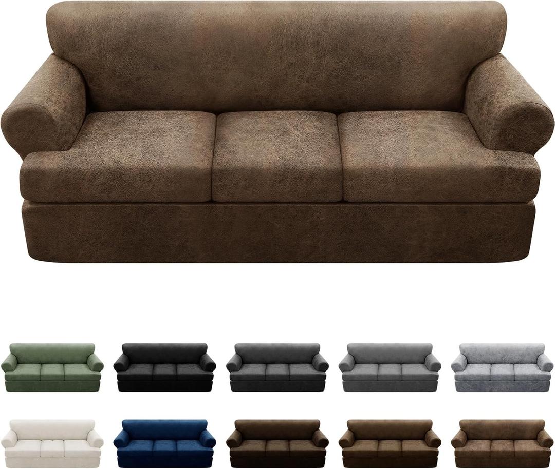 4-Pieces T Cushion Sofa Slipcovers - Leather Look Couch Cover for 3 Cushion Couch - Furniture Protector Stretch Sofa Cover With 3 Individual Seat Covers - Washable, Light Brown