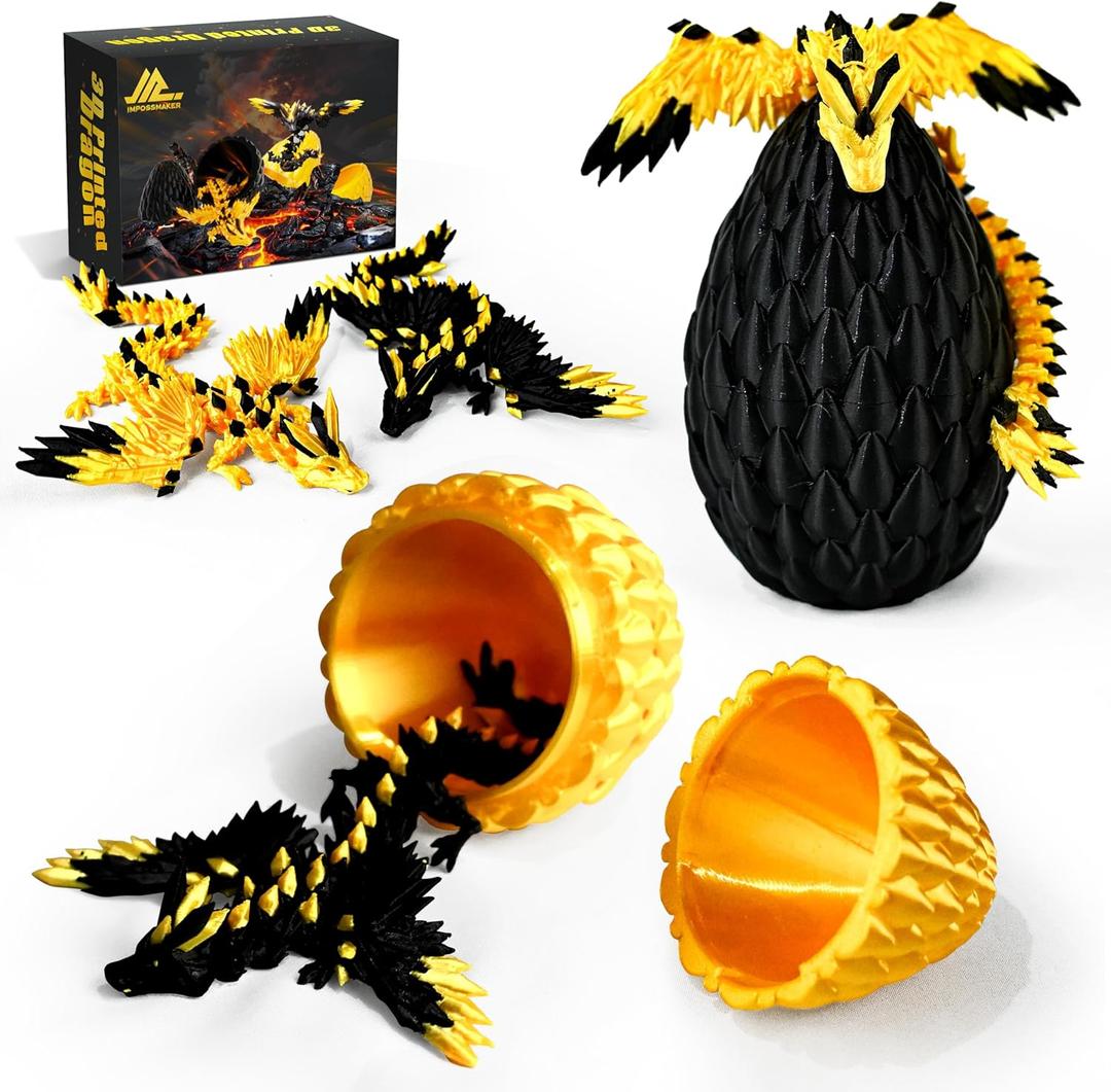 2PCS 3D Printed Dragon Egg with Dragon Inside, Black and Gold Eggs Articulated Fantasy Fidget Toys, Collectible Mythical Creature Gifts for Adults Teens, Cool Stuff Desk Decor