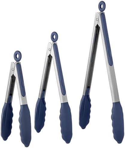 600ºF Heat Resistant Kitchen Tongs: U-Taste 7/9/12 inch Silicone Cooking Tong Set with Non Stick Rubber Tips and Silicon Coated 18/8 Stainless Steel Handle for Serving Grilling Salad(Midnight Blue)