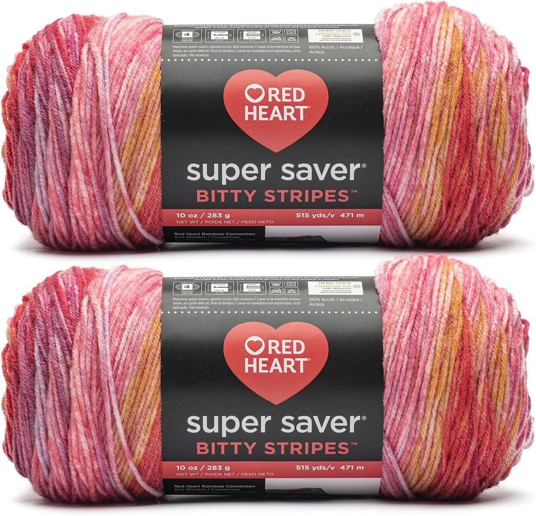 Red Heart Super Saver Bitty Stripes Pink Lemonade Yarn - 2 Pack of 10oz/283g - 100% Acrylic - #4 Worsted (Medium) - 515 Yards - Knitting/Crochet