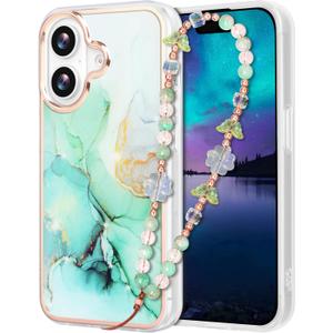 Compatible with iPhone 16 Plus Case for Women Girls, Slim Fit Girly Phone Case for iPhone 16 Plus with Butterfly Phone Charm Lanyard Wrist Strap, Shockproof Hard Case 6.7 Inch Marble Green