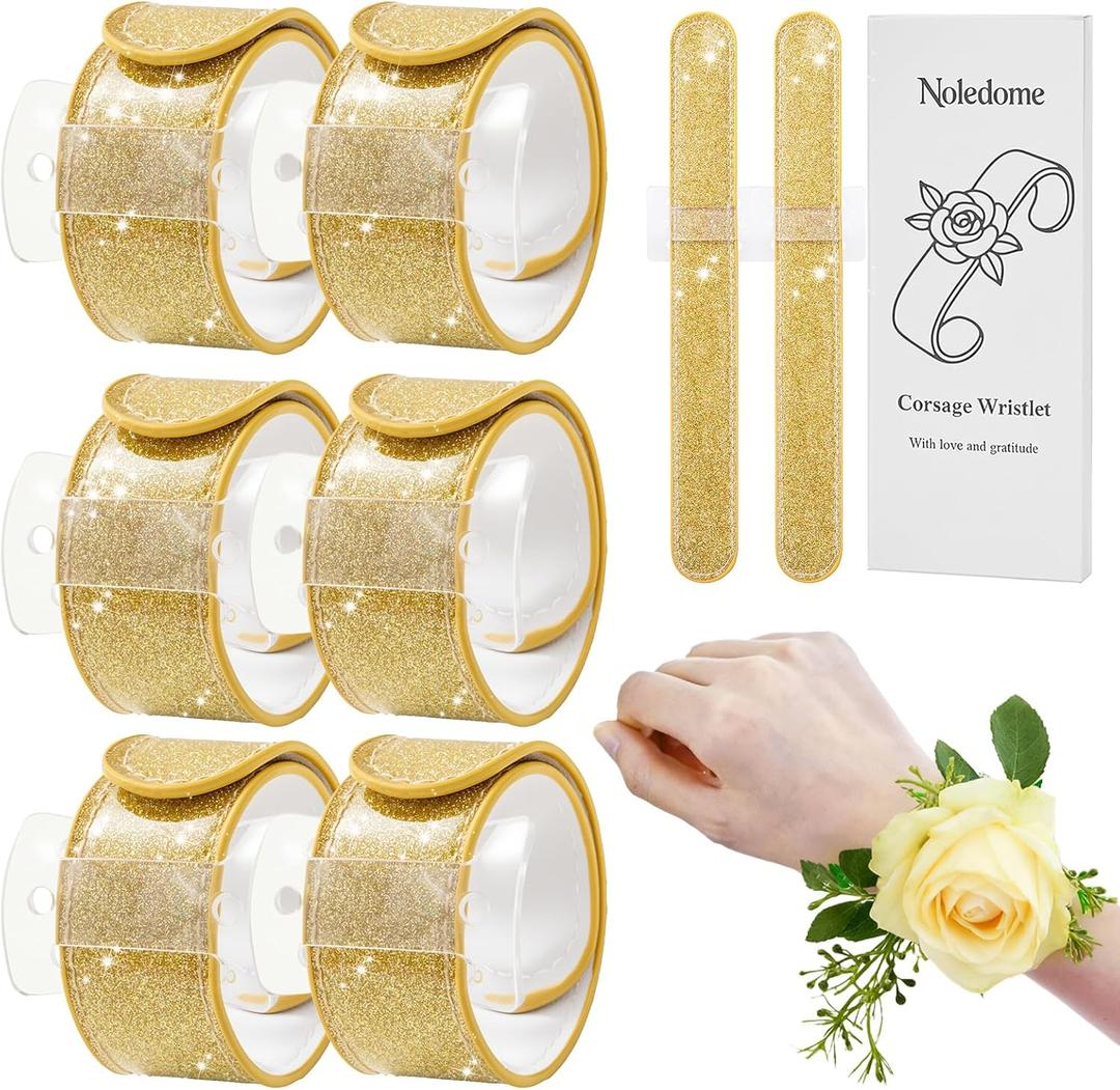 Corsage Wristlet Set of 6 - Gold Slap Bracelet Bands with Acrylic Base - Comfortable Corsage Wristlet Bracelets for DIY Crafting - Elegant Wrist Bands for Wedding - Prom - Party - Photoshoot (No Flowers Included)
