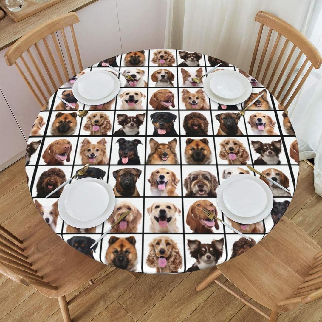 Cute Dogs Print Tablecloth with Elastic Edge, Round Table Cover Washable Reusable Table Cloths for Kitchen Dining Party, Small (Fits 40-44 in)