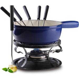 Artestia Cast Iron Fondue Pot Set for Cheese & Chocolate, Fondue Set for 6 with Burner & 6 Forks, Swiss Fondue Pot for Party, Family & Gift, Blue