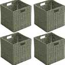 Handwoven Paper Woven Cube Basket Organizer with Handles set of 4 Foldable Storage baskets for Bedroom Living Room Cubby Storage Units for Clothes Books Toys (Green, 13" L x 13" W x 13" H)