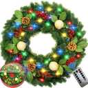 24 Inch Prelit Artificial Christmas Wreath with Lights,Lighted Xmas Wreaths for Front Door with 60 LED Battery Operated 8 Modes Remote Control Timer,Indoor Outdoor Wall Christmas Decorations
