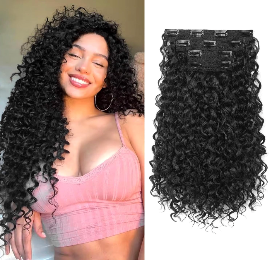 Clip in Hair Extensions, FLUFYMOOZ 4PC 100％ Pure Protein Silk Hair Extensions Long Soft Natural Hairpiece 16 Inch Curly Hair Extension for Women (Black Brown)