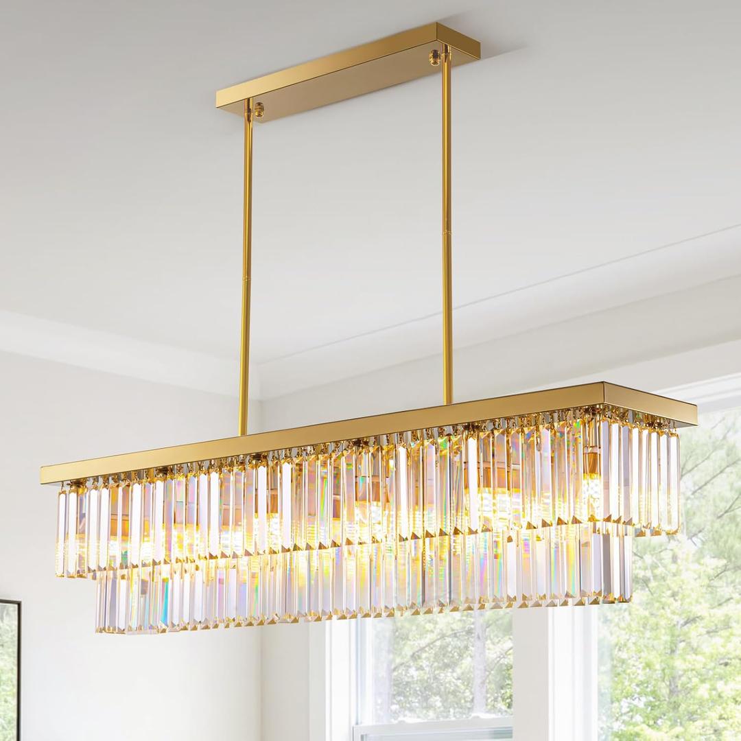 Siljoy Rectangular Gold Crystal Chandelier for Dining Room, 12-Light Modern Rectangle K9 Crystal Raindrop Chandelier Dimmable Ceiling Light for Living Room Kitchen Island, L47'' x W10'' x H10''