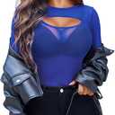Avidlove Women Sexy Long Sleeve Mesh Top Teddy Bodysuit Clubwear Sheer Leotards with Garter Belt (Blue, L)