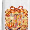 Fall Pumpkin Western Cowgirl Boots Bow Decor Kitchen Towel, Reusable Tea Towel, Dish Towels, Suitable for Bathroom, Home, Kitchen, Sink, Autumn Atmosphere Decoration, 13.8x23.6 Inches