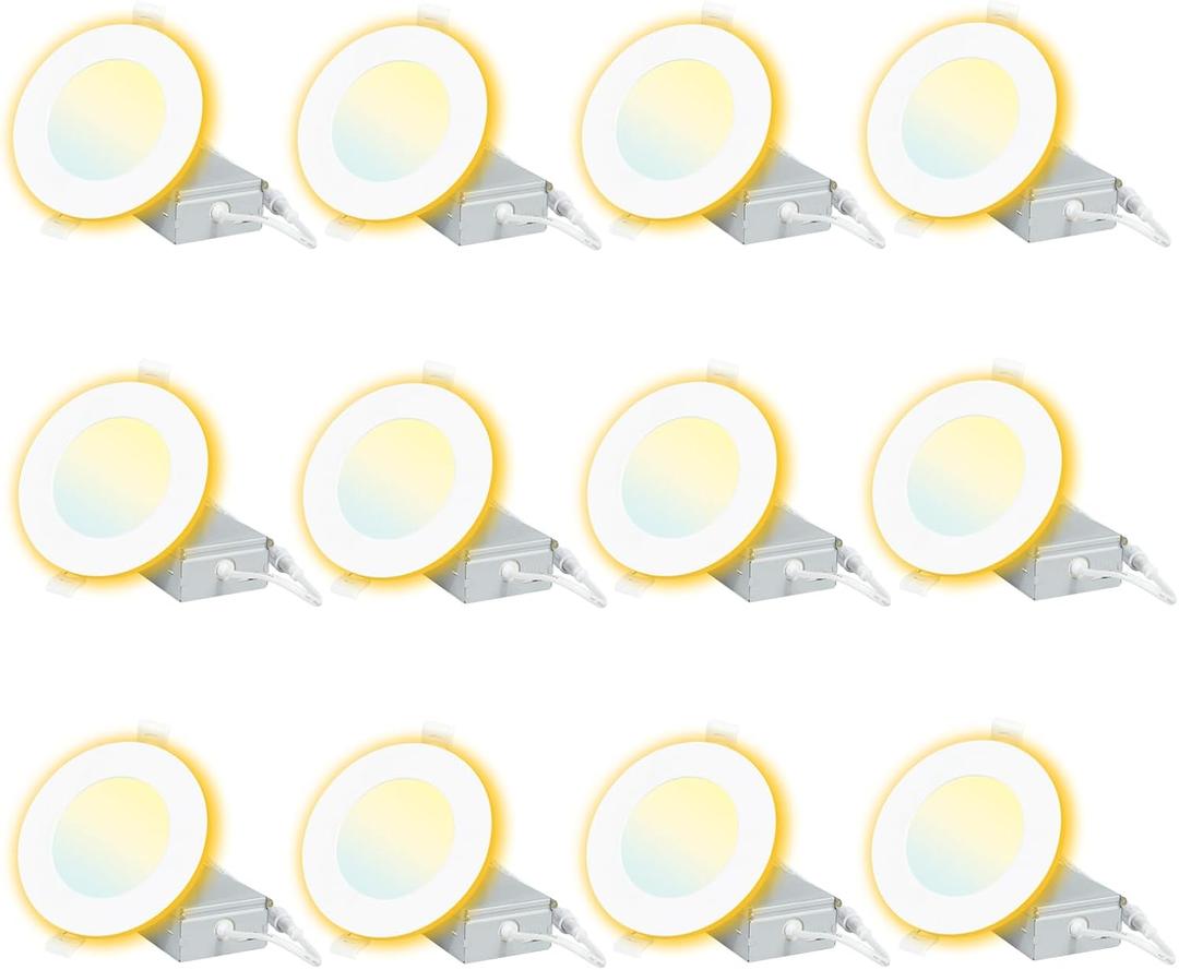 12 Pack White Recessed Lighting with 4 Inch Night Light, 2700K-5000K Selectable, Canless Wafer Light 9W, 120V, 750LM, Dimmable, ETL FCC