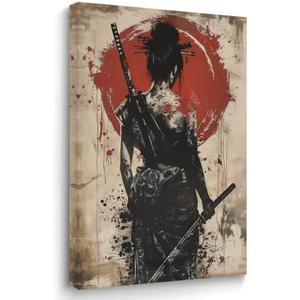ARTZGX Japanese Canvas Wall Art Armored Samurai Pictures for Wall Red Warrior Painting Bushido Poster for Bedroom Decor Frame(Red 16.00" x 24.00")